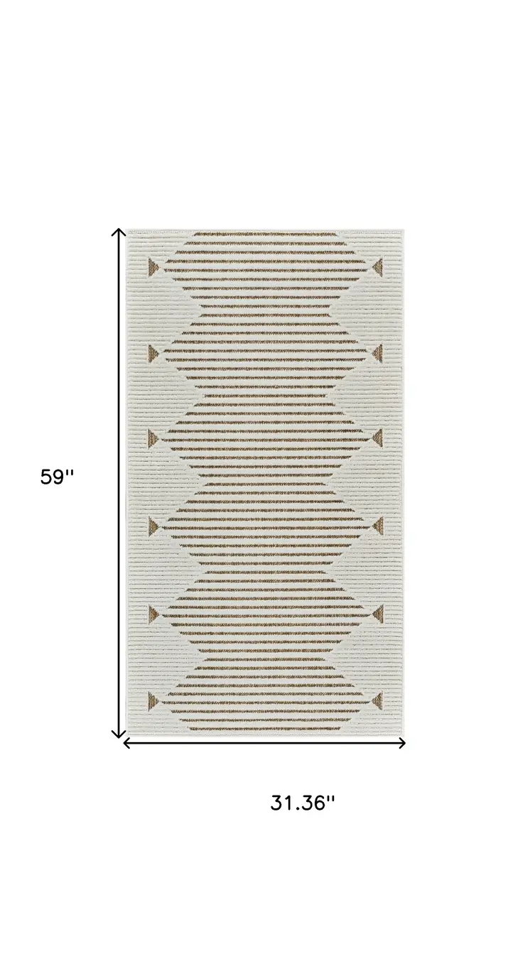 3' X 5' Beige And Brown Geometric Distressed Indoor Outdoor Area Rug