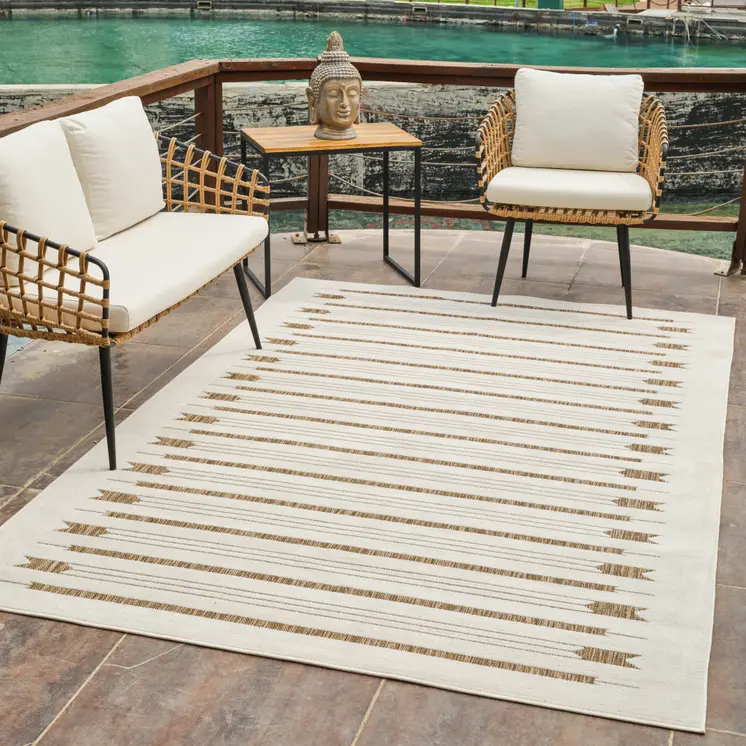 8' X 10' Beige And Brown Geometric Distressed Indoor Outdoor Area Rug