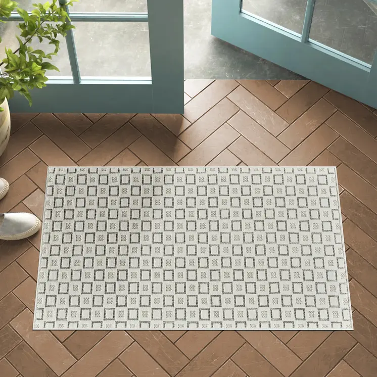 3' X 5' Cream and Beige Geometric Distressed Indoor Outdoor Area Rug