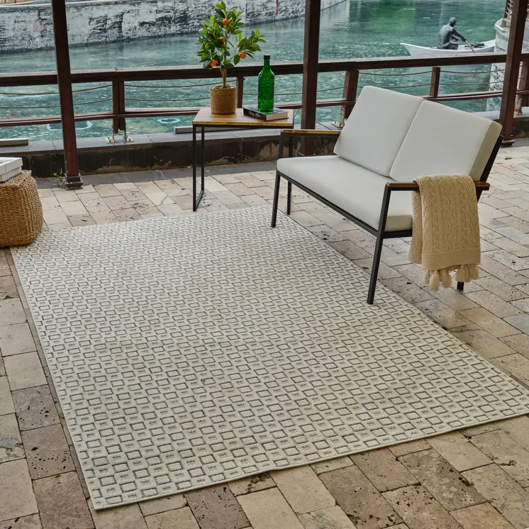 4' X 6' Cream and Beige Geometric Distressed Indoor Outdoor Area Rug
