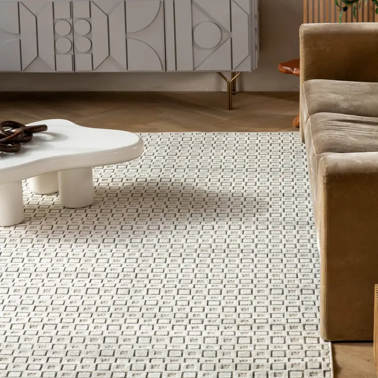 8' X 10' Cream and Beige Geometric Distressed Indoor Outdoor Area Rug