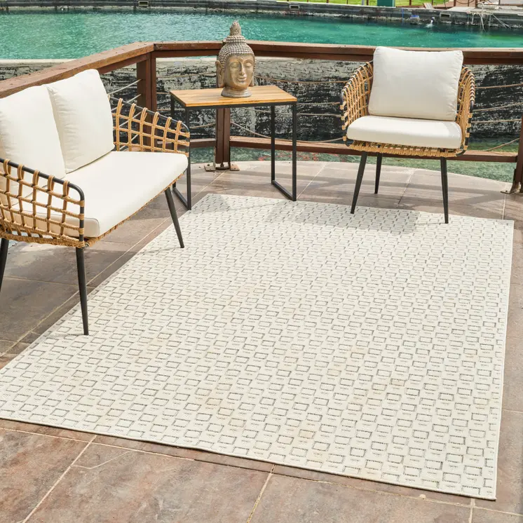 8' X 10' Cream and Beige Geometric Distressed Indoor Outdoor Area Rug