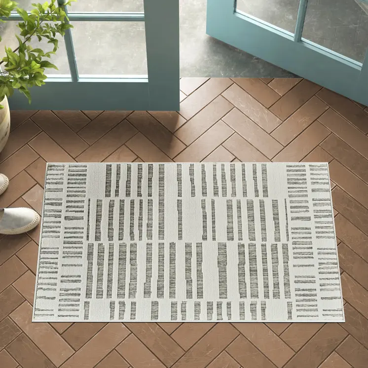 3' X 5' Cream and Beige Abstract Distressed Indoor Outdoor Area Rug