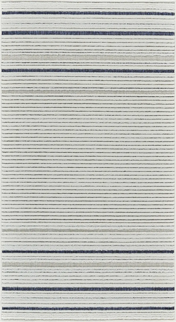 3' X 5' Blue and Cream Striped Distressed Indoor Outdoor Area Rug