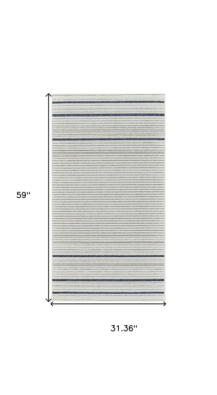 3' X 5' Blue and Cream Striped Distressed Indoor Outdoor Area Rug