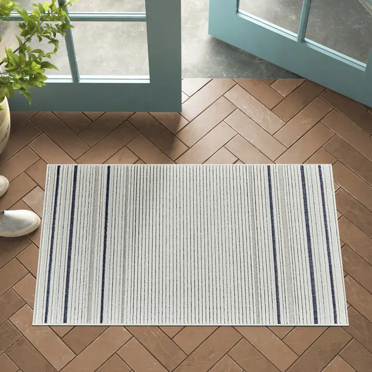 3' X 5' Blue and Cream Striped Distressed Indoor Outdoor Area Rug