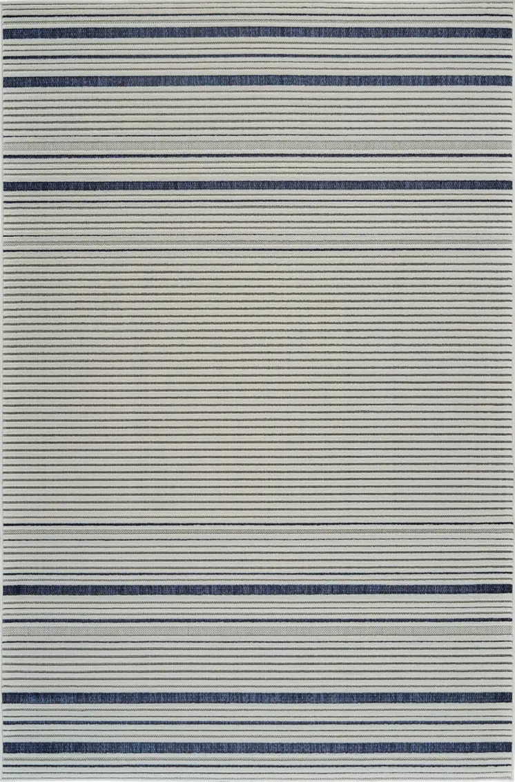 4' X 6' Blue and Cream Striped Distressed Indoor Outdoor Area Rug