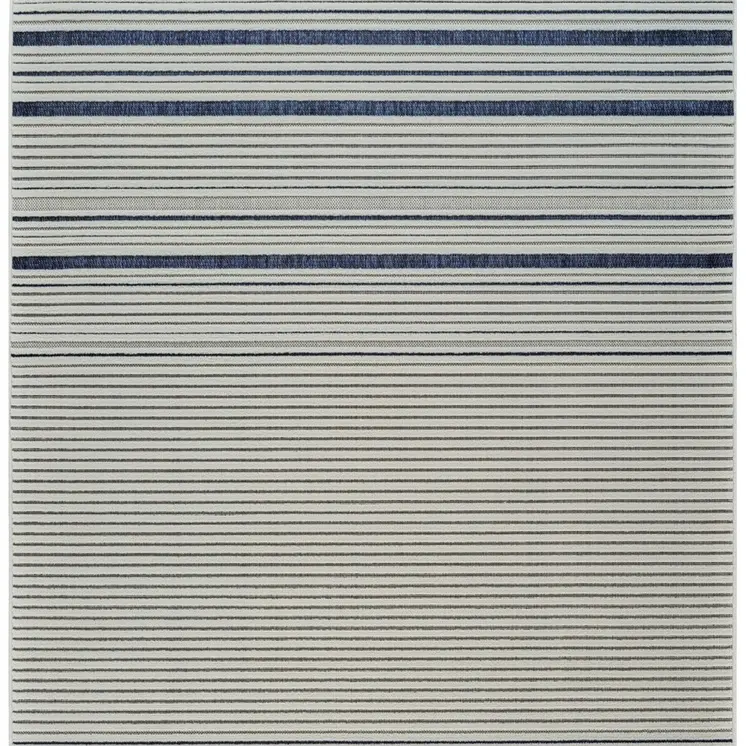 4' X 6' Blue and Cream Striped Distressed Indoor Outdoor Area Rug