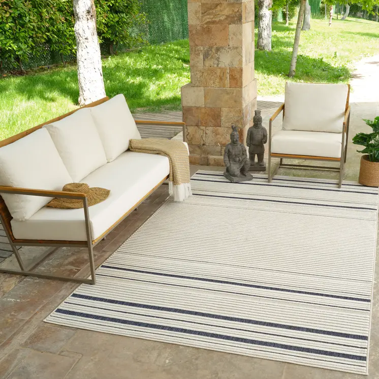 4' X 6' Blue and Cream Striped Distressed Indoor Outdoor Area Rug
