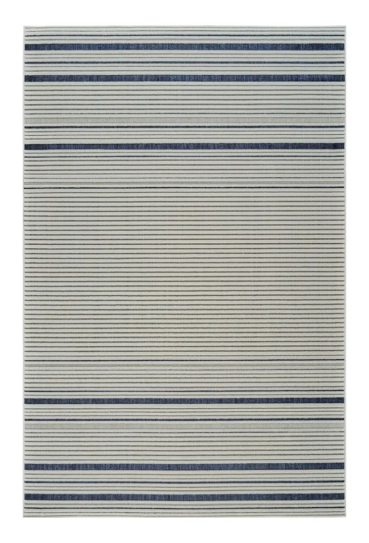 5' X 7' Blue and Cream Striped Distressed Indoor Outdoor Area Rug