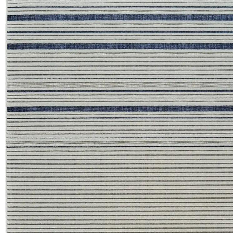 6' X 9' Blue and Cream Striped Distressed Indoor Outdoor Area Rug