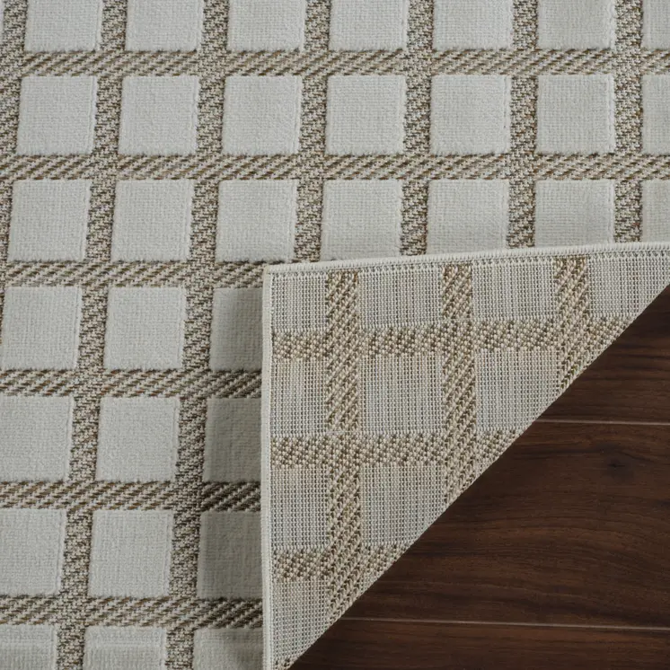 10' Cream and Beige Geometric Distressed Indoor Outdoor Runner Rug