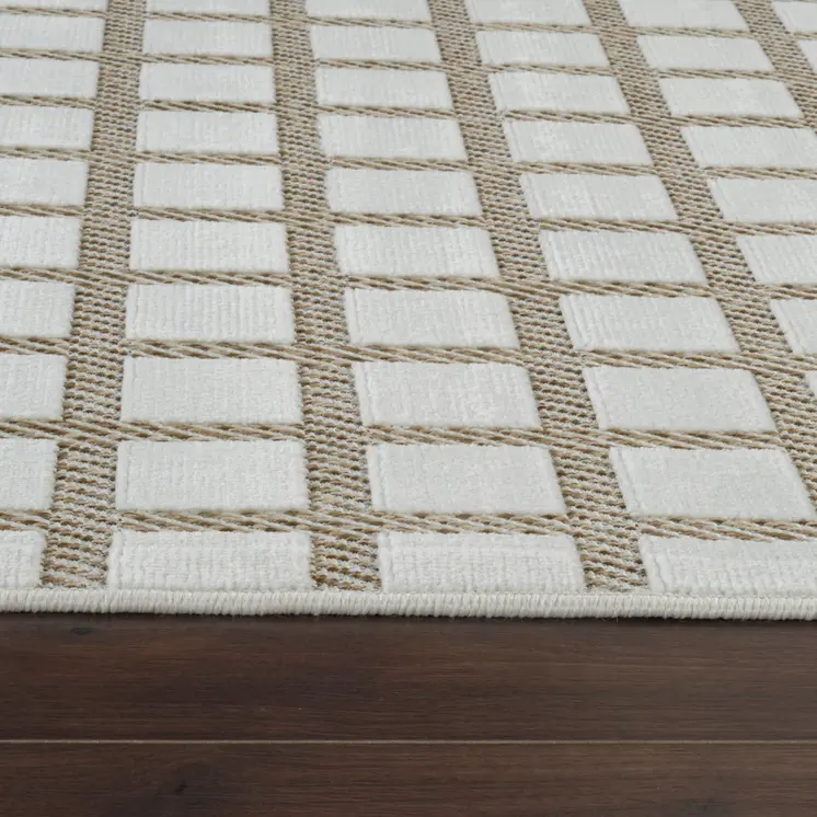 10' Cream and Beige Geometric Distressed Indoor Outdoor Runner Rug