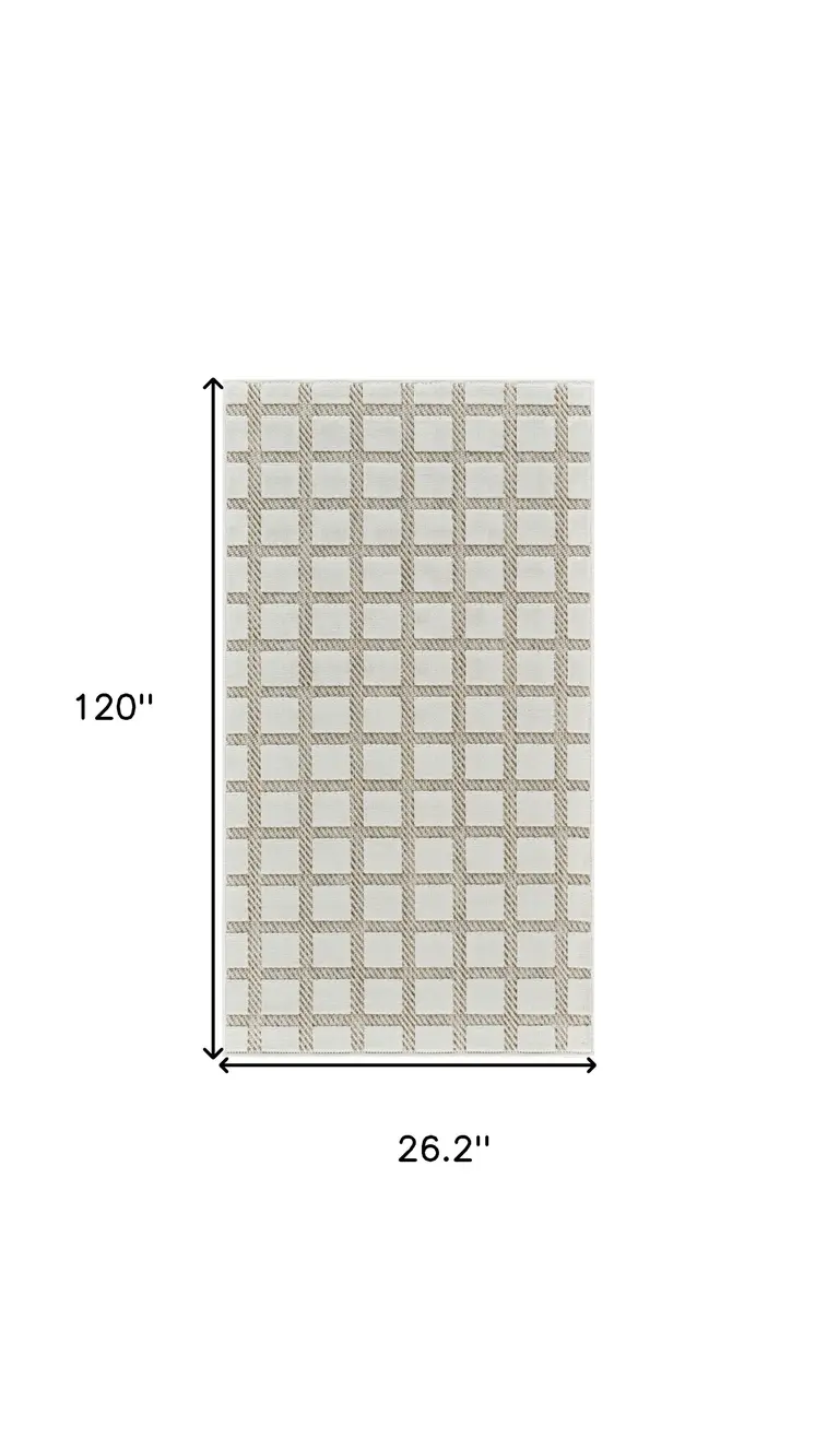 10' Cream and Beige Geometric Distressed Indoor Outdoor Runner Rug