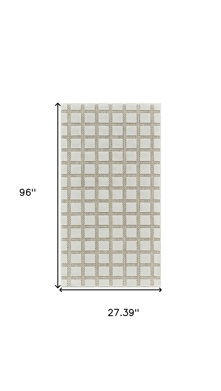 8' Cream and Beige Geometric Distressed Indoor Outdoor Runner Rug