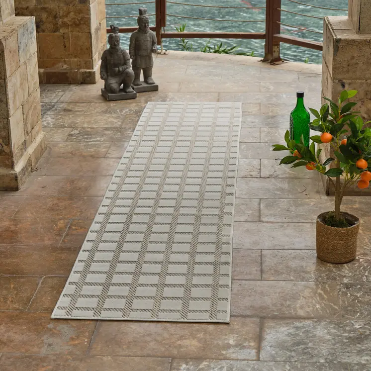 8' Cream and Beige Geometric Distressed Indoor Outdoor Runner Rug
