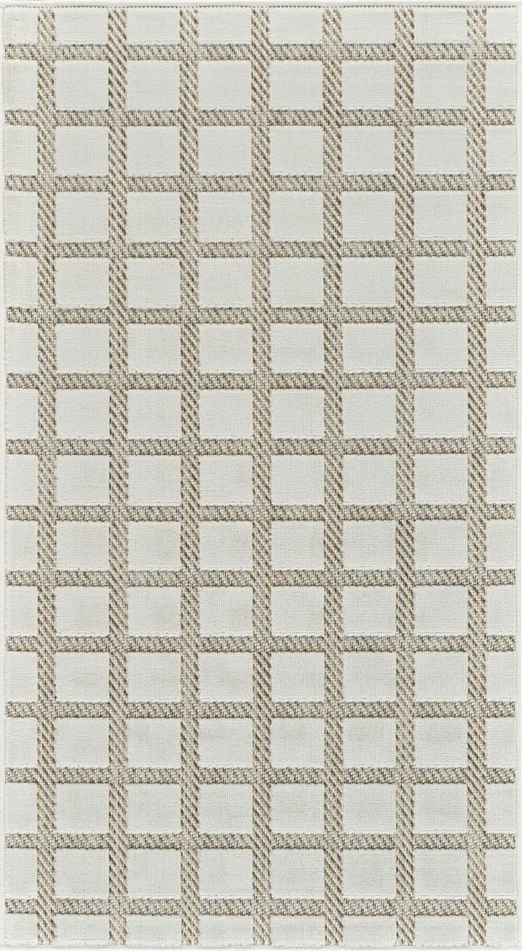 3' X 5' Cream and Beige Geometric Distressed Indoor Outdoor Area Rug