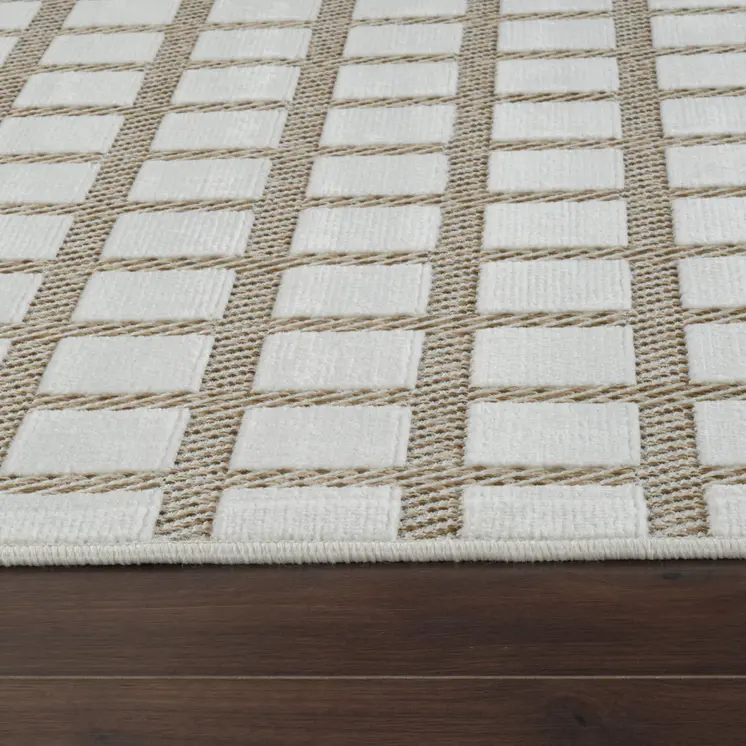 3' X 5' Cream and Beige Geometric Distressed Indoor Outdoor Area Rug