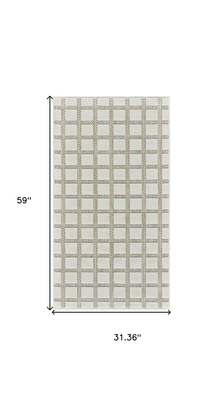 3' X 5' Cream and Beige Geometric Distressed Indoor Outdoor Area Rug