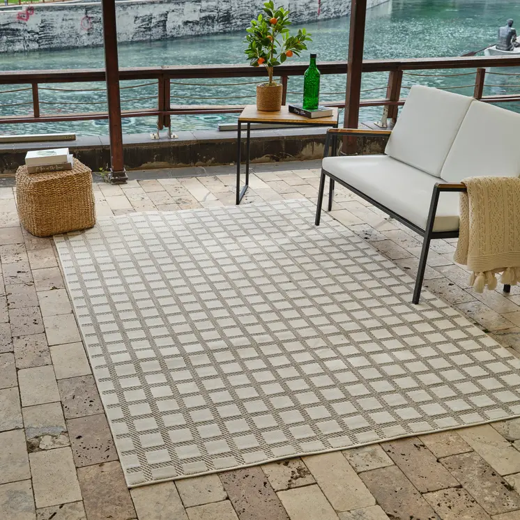 4' X 6' Cream and Beige Geometric Distressed Indoor Outdoor Area Rug