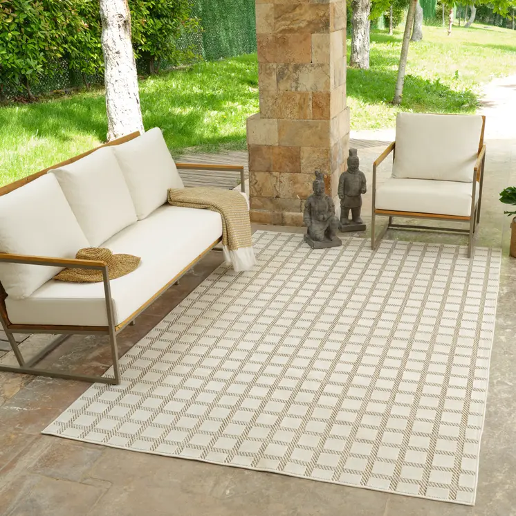 5' X 7' Cream and Beige Geometric Distressed Indoor Outdoor Area Rug
