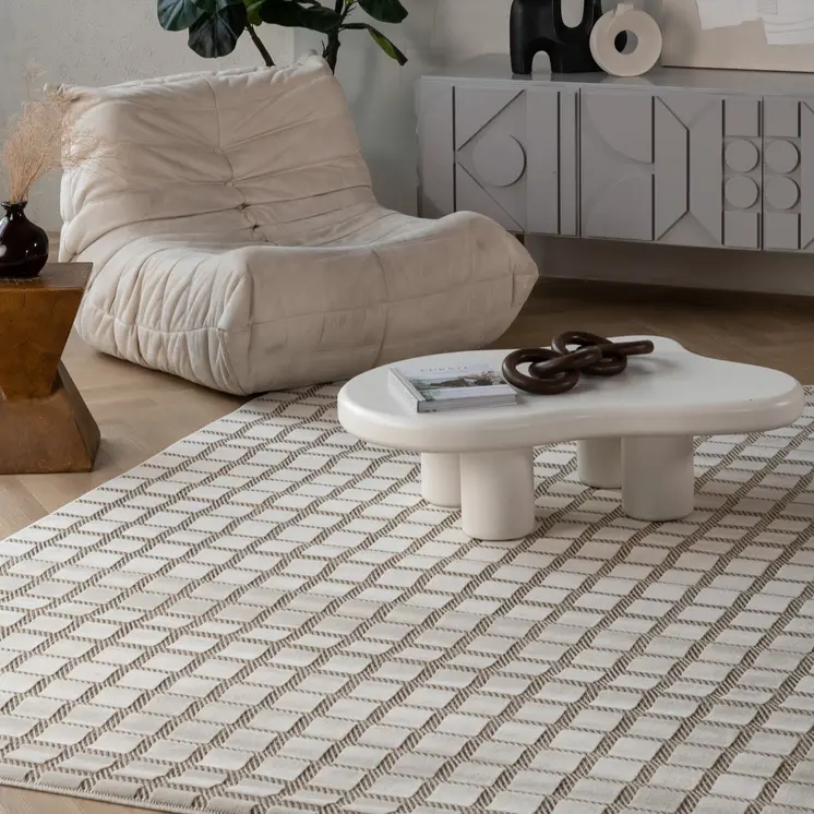 5' X 7' Cream and Beige Geometric Distressed Indoor Outdoor Area Rug