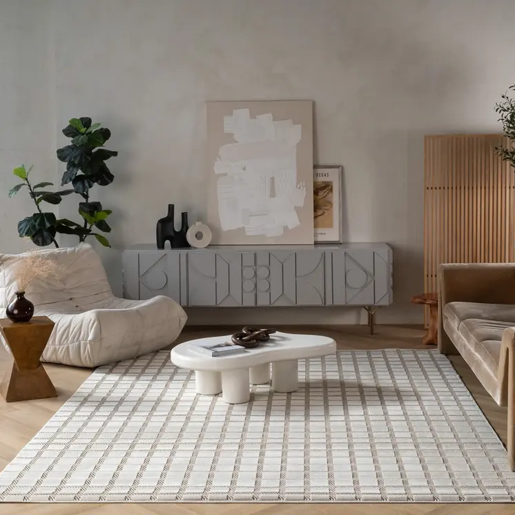 5' X 7' Cream and Beige Geometric Distressed Indoor Outdoor Area Rug