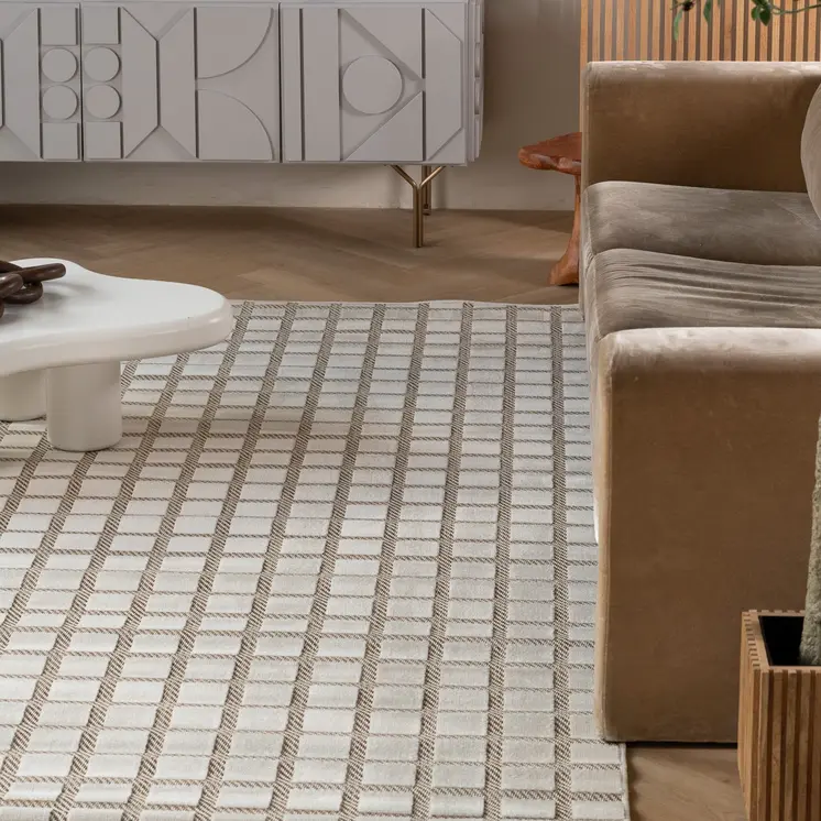 5' X 7' Cream and Beige Geometric Distressed Indoor Outdoor Area Rug