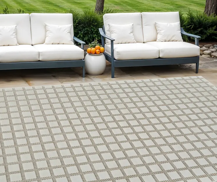6' X 9' Cream and Beige Geometric Distressed Indoor Outdoor Area Rug