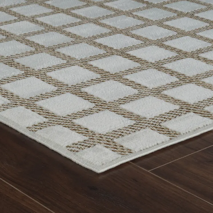 6' X 9' Cream and Beige Geometric Distressed Indoor Outdoor Area Rug