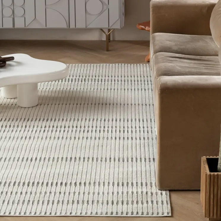 4' X 6' Cream and Beige Striped Distressed Indoor Outdoor Area Rug