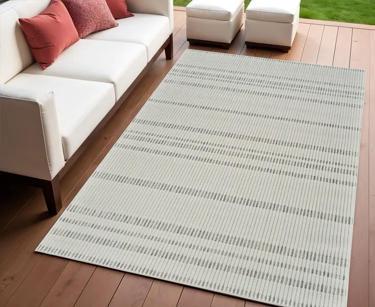 4' X 6' Cream and Beige Striped Distressed Indoor Outdoor Area Rug