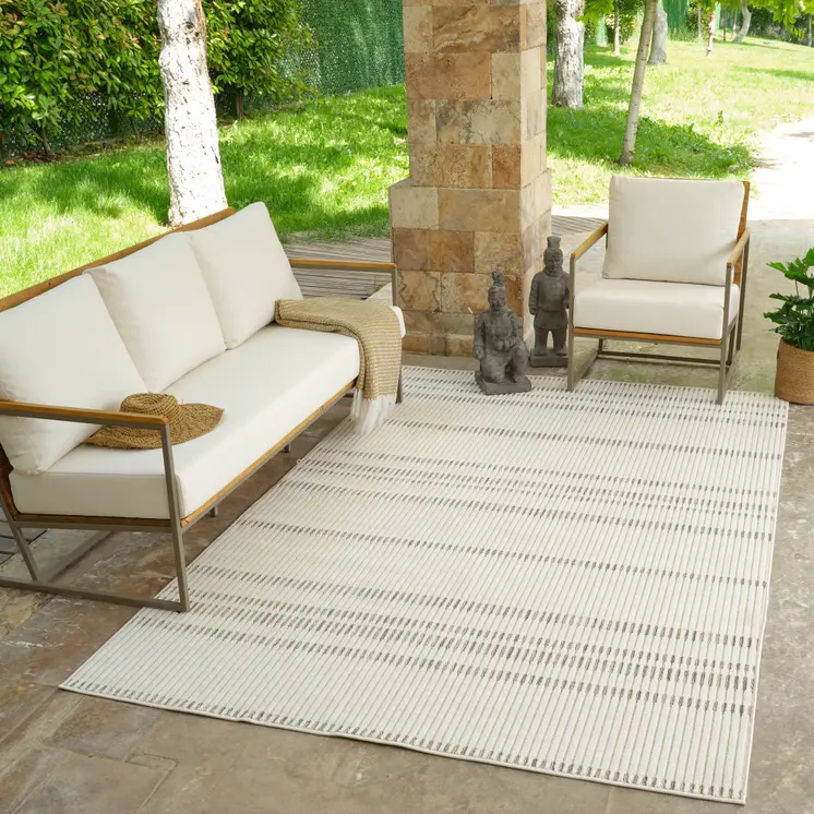 6' X 9' Cream and Beige Striped Distressed Indoor Outdoor Area Rug