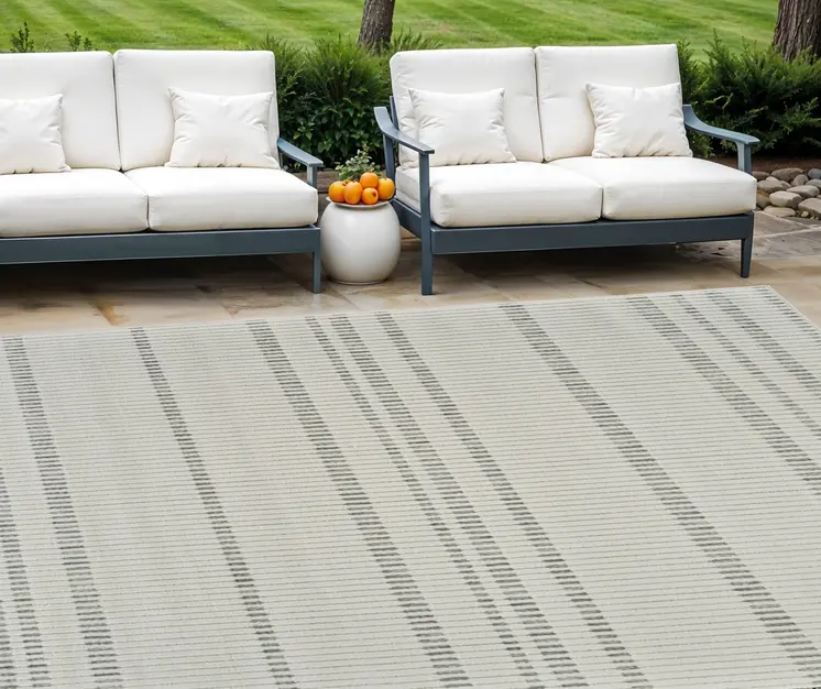8' X 10' Cream and Beige Striped Distressed Indoor Outdoor Area Rug
