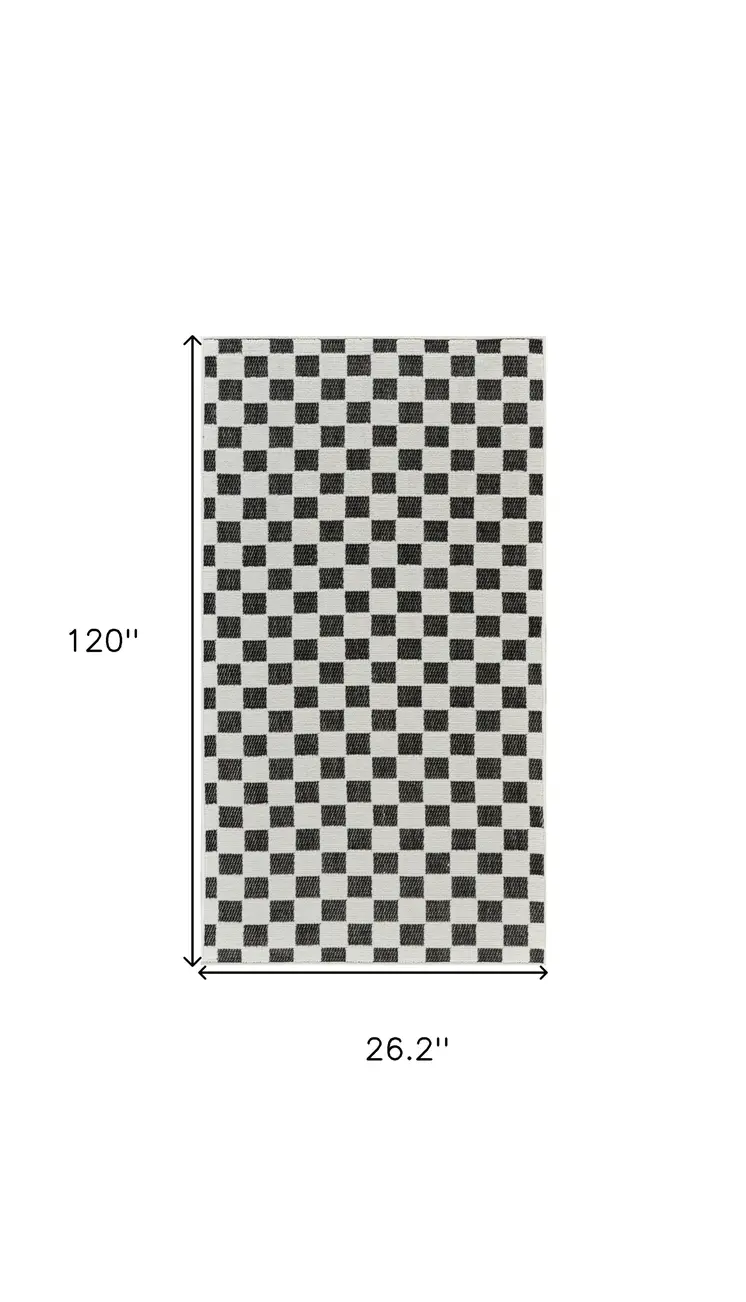 10' Black and White Geometric Distressed Indoor Outdoor Runner Rug