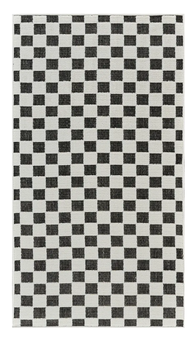 8' Black and White Geometric Distressed Indoor Outdoor Runner Rug
