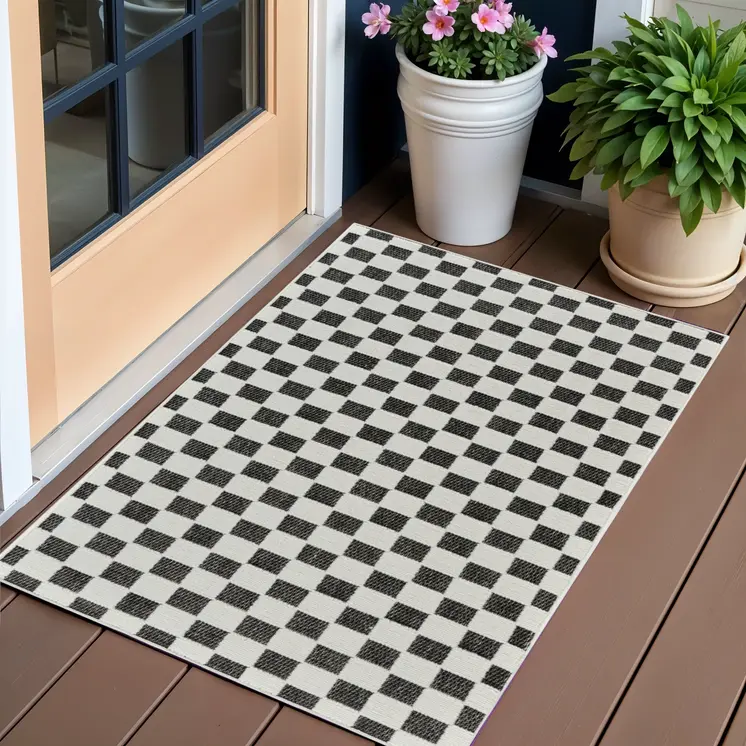 3' X 5' Black and White Geometric Distressed Indoor Outdoor Area Rug