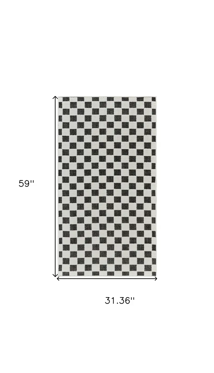 3' X 5' Black and White Geometric Distressed Indoor Outdoor Area Rug