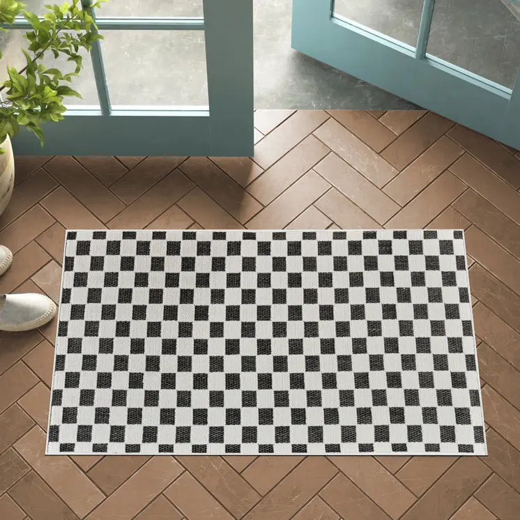 3' X 5' Black and White Geometric Distressed Indoor Outdoor Area Rug