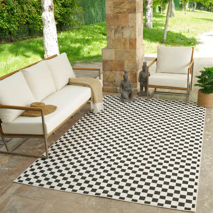 8' X 10' Black and White Geometric Distressed Indoor Outdoor Area Rug