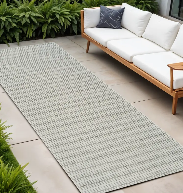10' Cream and Beige Geometric Distressed Indoor Outdoor Runner Rug