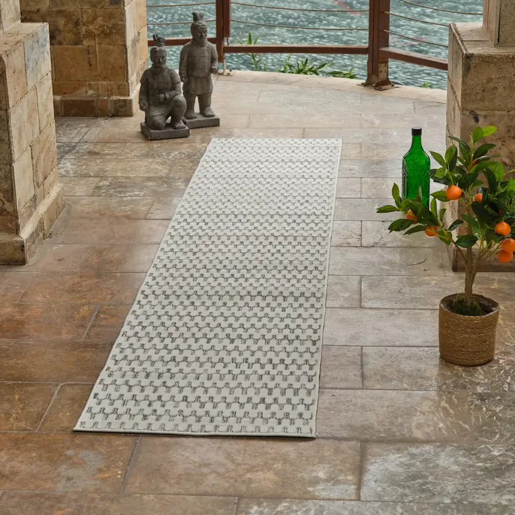 8' Cream and Beige Geometric Distressed Indoor Outdoor Runner Rug