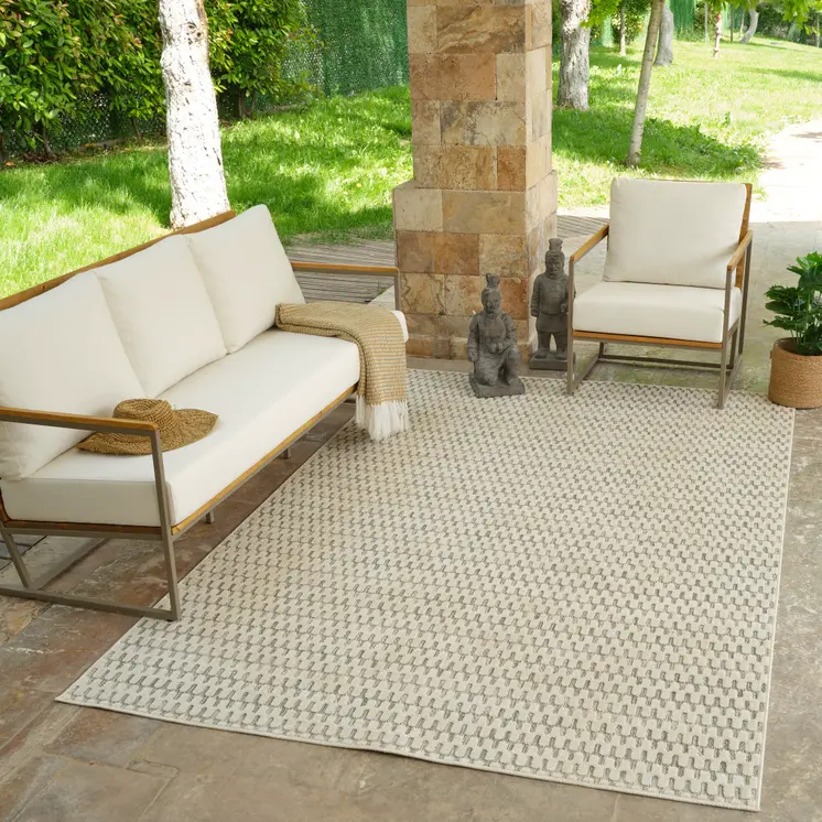 5' X 7' Cream and Beige Geometric Distressed Indoor Outdoor Area Rug