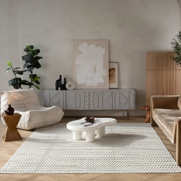 5' X 7' Cream and Beige Geometric Distressed Indoor Outdoor Area Rug