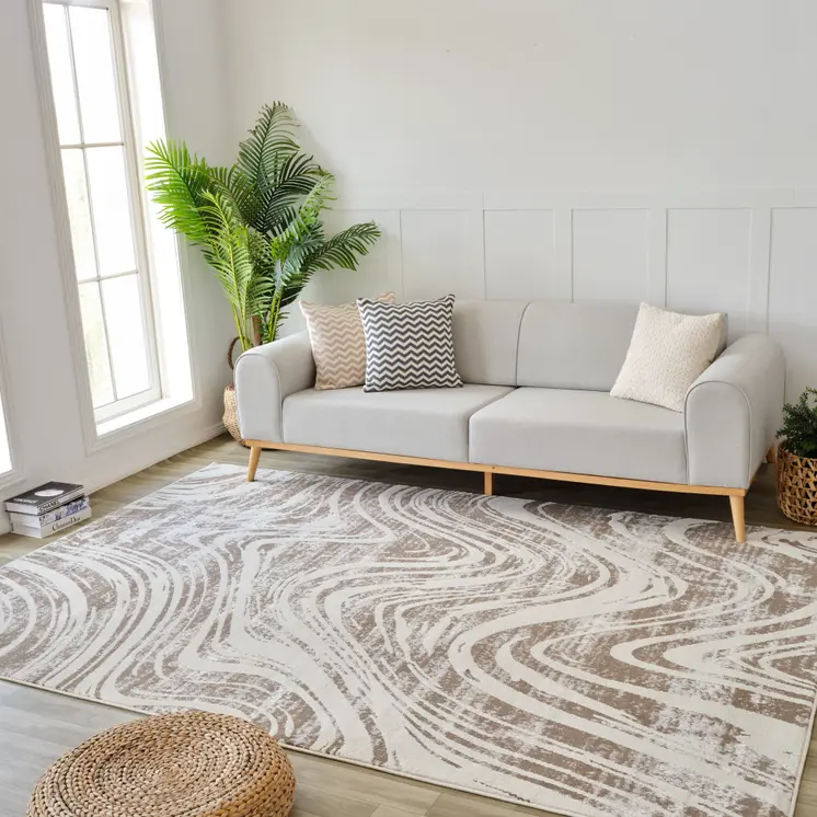 7' X 10' Beige and Brown Abstract Distressed Area Rug