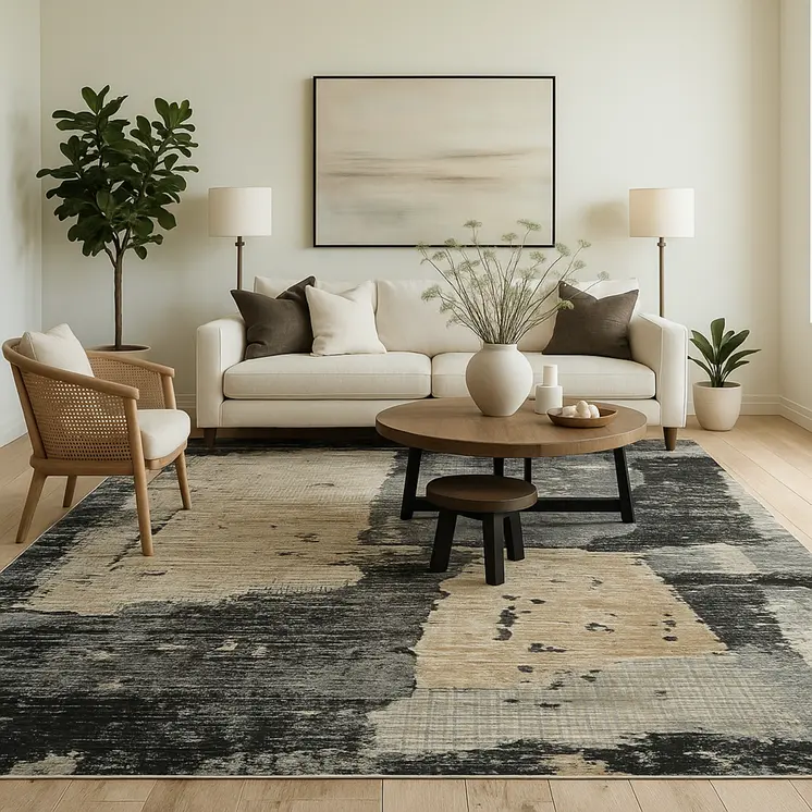 5' X 8' Beige and Black Abstract Distressed Area Rug