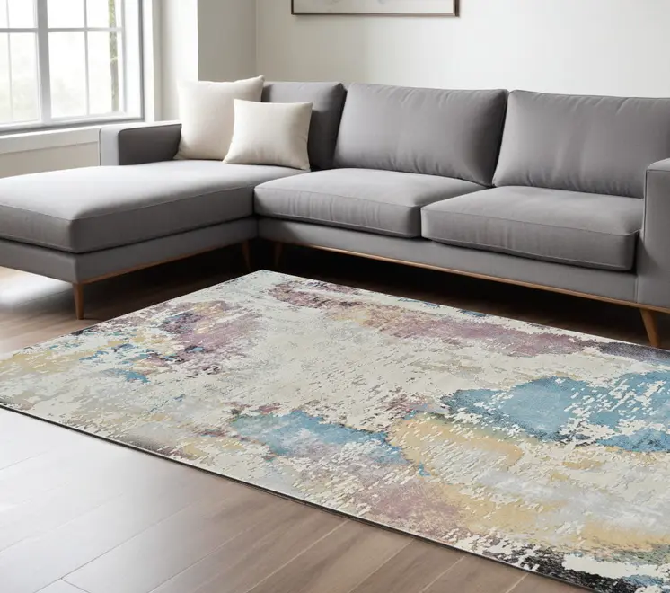8' X 11' Beige and Blue Abstract Distressed Area Rug