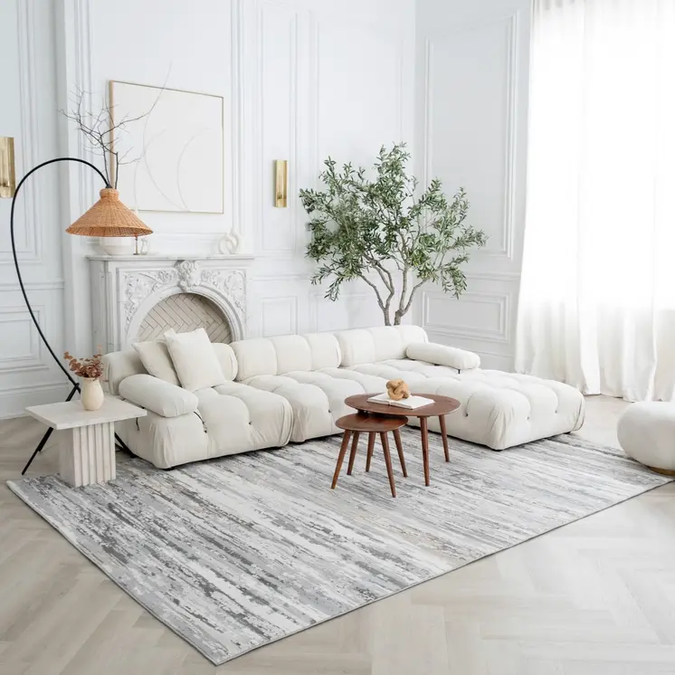 5' X 8' Beige and Gray Abstract Worn Faded Area Rug