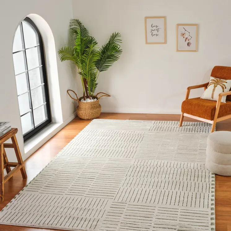 4' X 6' Cream and Green Abstract Distressed Area Rug
