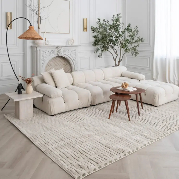 5' X 8' Cream and Green Abstract Worn Faded Area Rug